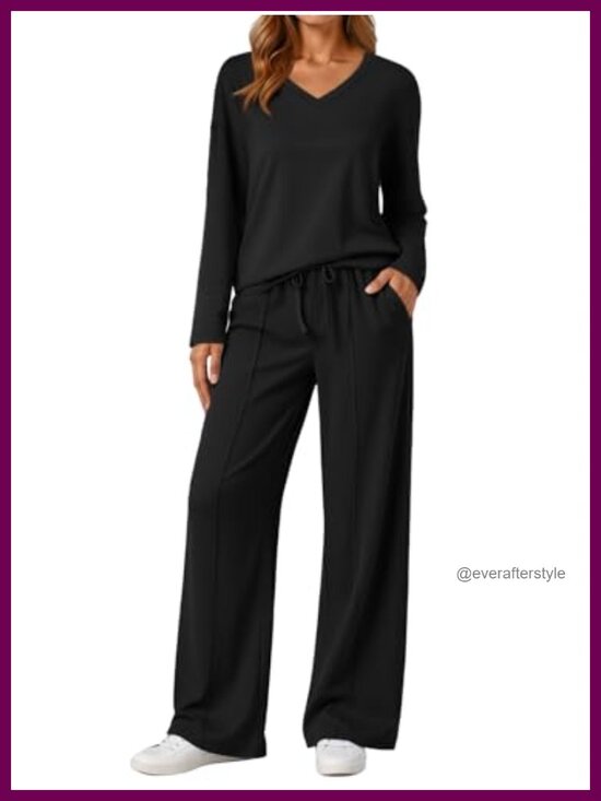 Pants - Womens 2 Piece Sweat Set V-Neck Top Wide Leg Pants Lounge